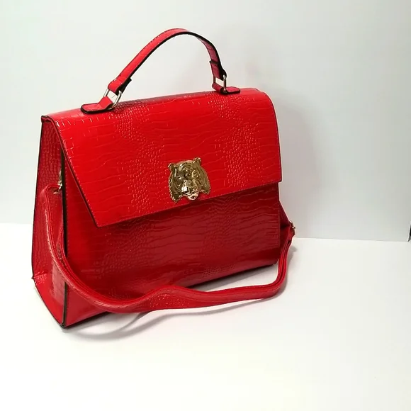 Red Handbag with Straps, Crocodile Pattern, Tiger Head Design Snap Closure NWOT - Picture 5 of 13